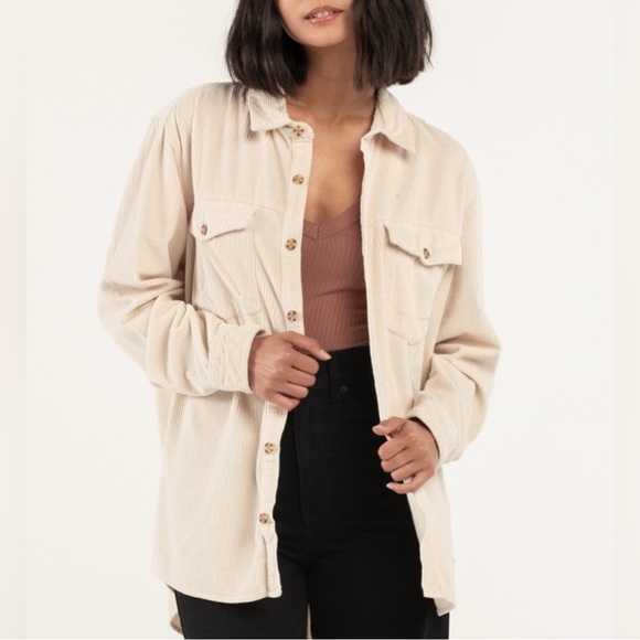 Corduroy ROXY Let It Go Button Up Shirt Pockets Women’s Small Cream Ivory - Picture 2 of 9